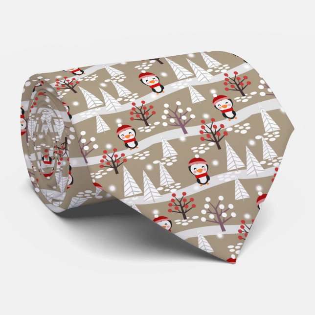 Penguins and Christmas Trees Neck Tie (Rolled)