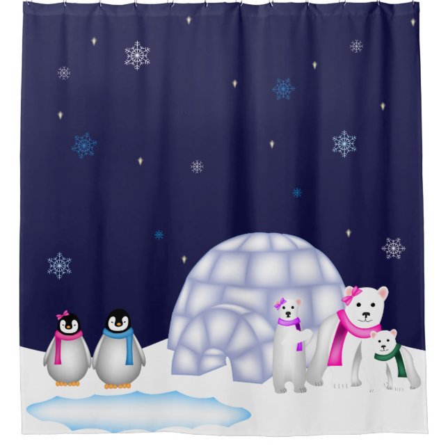 Penguins and Polar Bears Christmas Shower Curtain (Front)