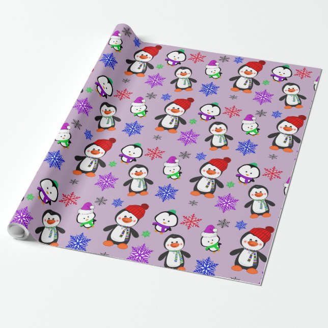 Penguins and Snowflakes Cute Christmas Wrapping Paper (Unrolled)