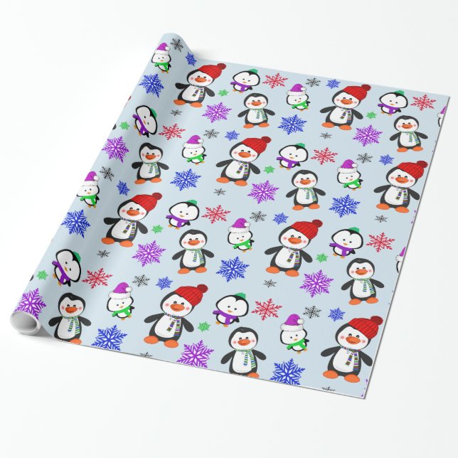 Penguins and Snowflakes Cute Christmas Wrapping Paper (Unrolled)