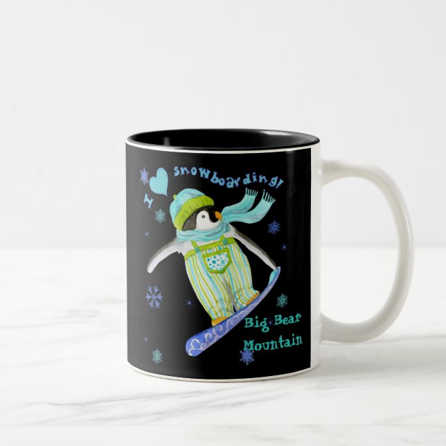 Penguins at Play, I Love Snowboarding Mug (Right)