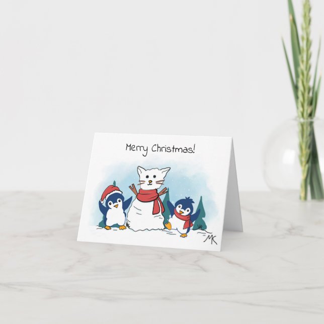 Penguins building a cat snowman winter holiday card (Front)