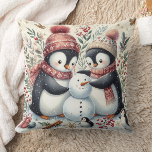 Penguins Building A Snowman Cushion