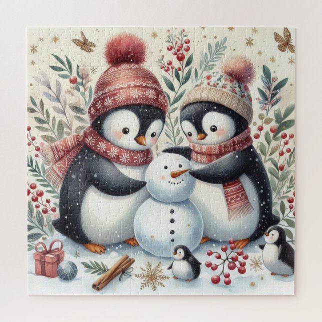 Penguins Building A Snowman Jigsaw Puzzle (Vertical)