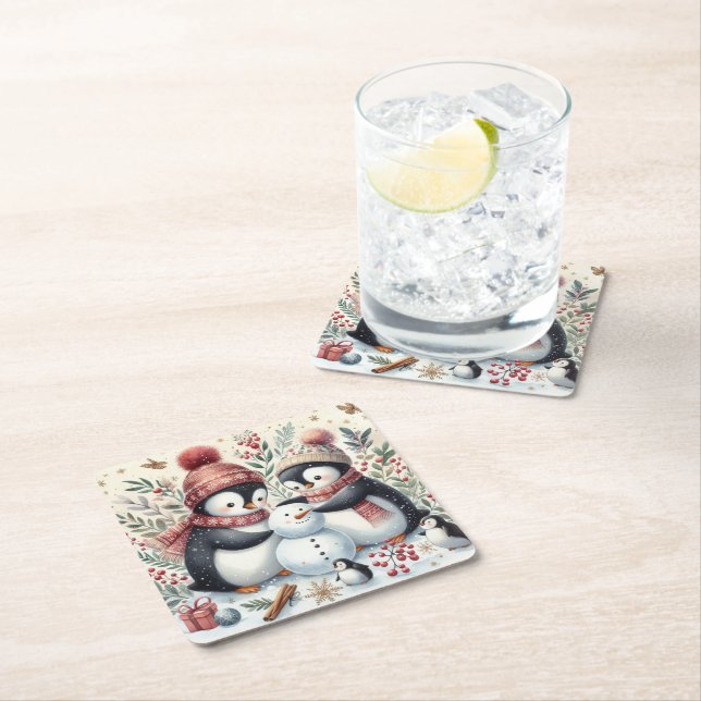 Penguins Building A Snowman Square Paper Coaster (Insitu)