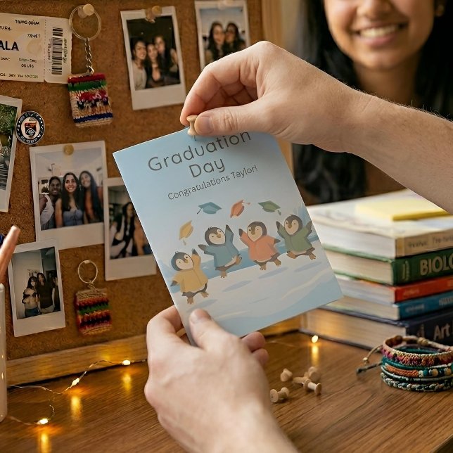 Penguins Celebrating Graduation | Personalised Card (Lifestyle Shot (Personalised))