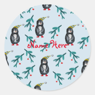 Penguins Christmas Art Classic Round Sticker