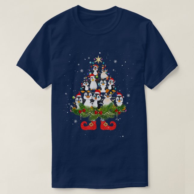 Penguins Christmas Tree Lights Funny Santa Hat Lov T-Shirt (Design Front)