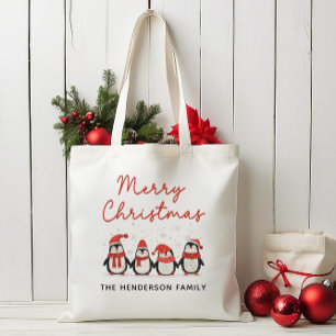 Penguins Custom Name Merry Christmas Tote Bag