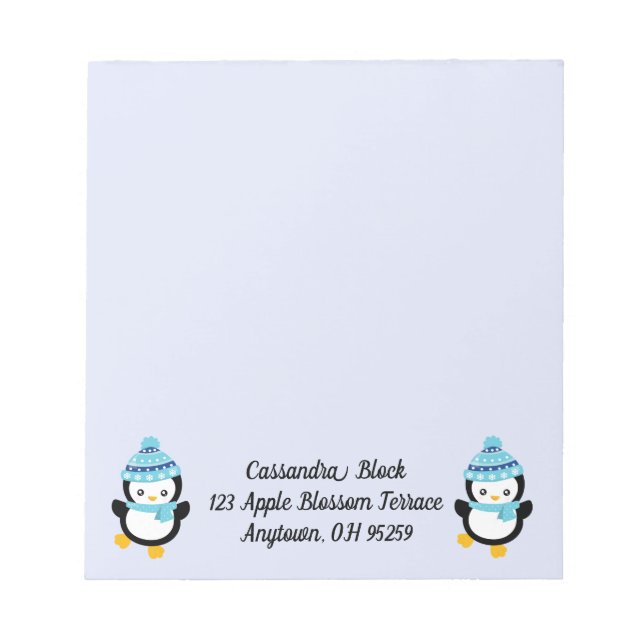 Penguins Dressed for Winter on Light Lilac Notepad (Front)