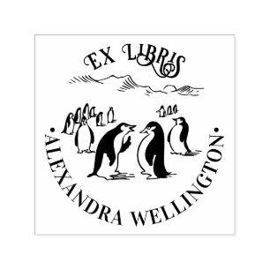 Penguins Ex Libris Library Book Name #1 Round Self-inking Stamp