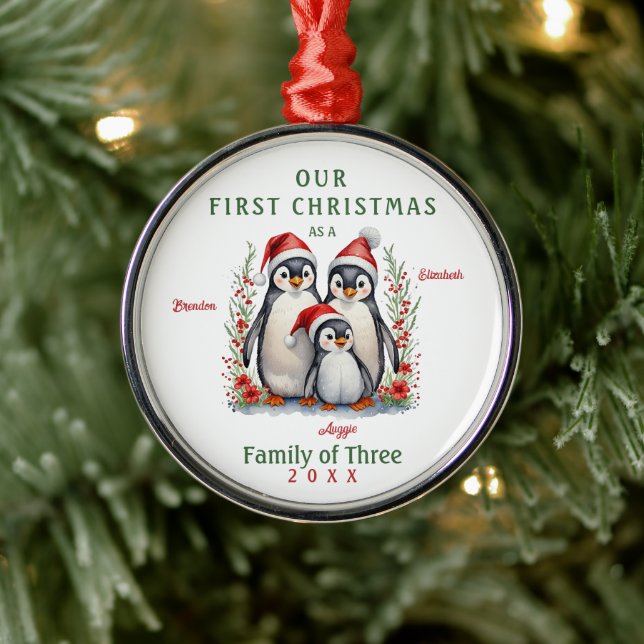 Penguins First Christmas Family of Three Metal Ornament (Tree)