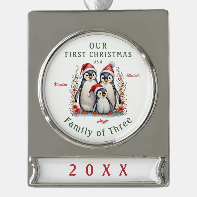 Penguins First Christmas Family of Three Silver Plated Banner Ornament (Front)