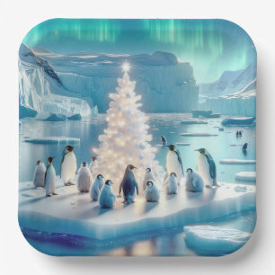Penguins Gathered Around a Christmas Tree Paper Plate