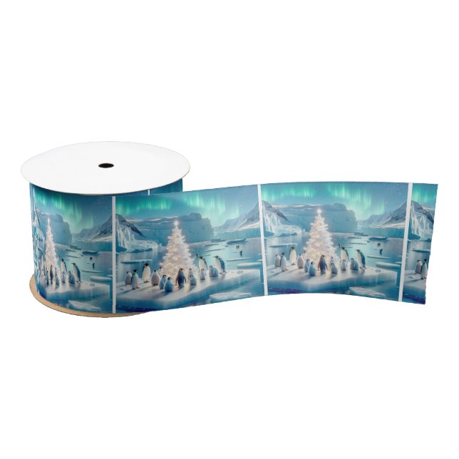 Penguins Gathered Around a Christmas Tree Satin Ribbon (Spool)