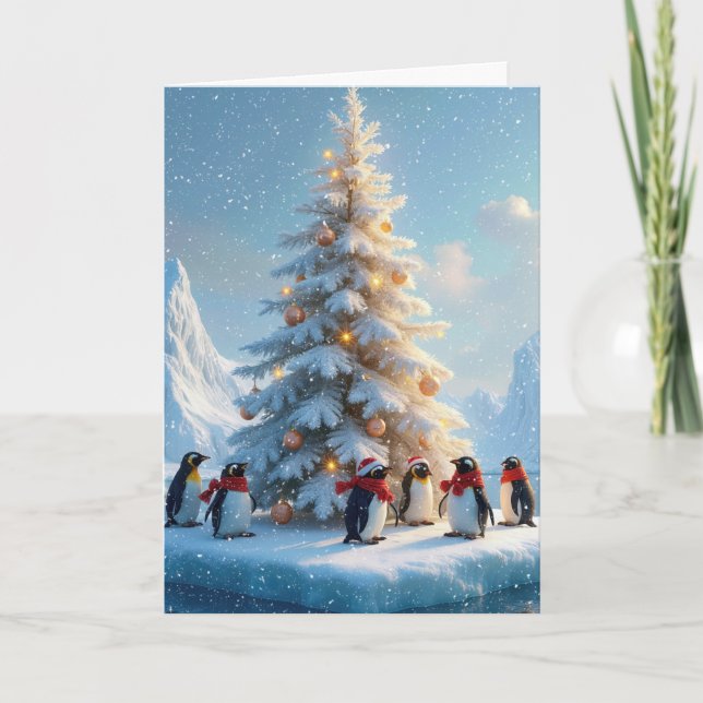 Penguins Gathering Around a Christmas Tree Holiday Card (Front)