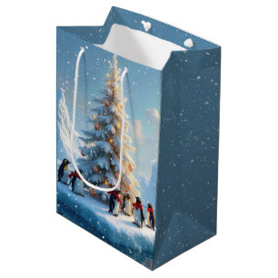 Penguins Gathering Around a Christmas Tree Medium Gift Bag