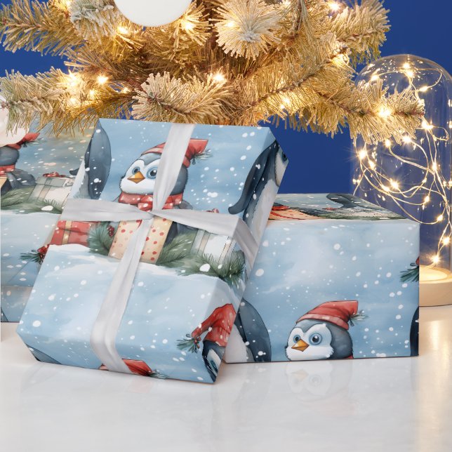 Penguins gift-wrapping in the snow wrapping paper (Holidays)