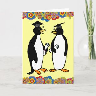 Penguins Graduation Cartoon Girly Flowers Card