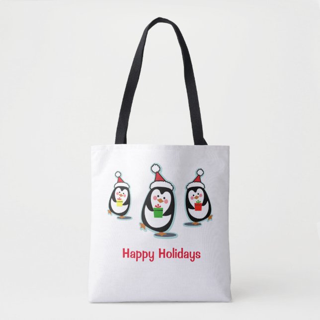 Penguins Happy Holidays Christmas Tote Bag (Front)