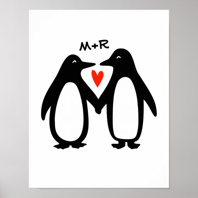 Penguins Holding Hands Cute Couple Custom Initials Poster (Front)