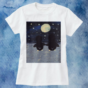 Penguins Holding Hands in the Snow By Moonlight T-Shirt