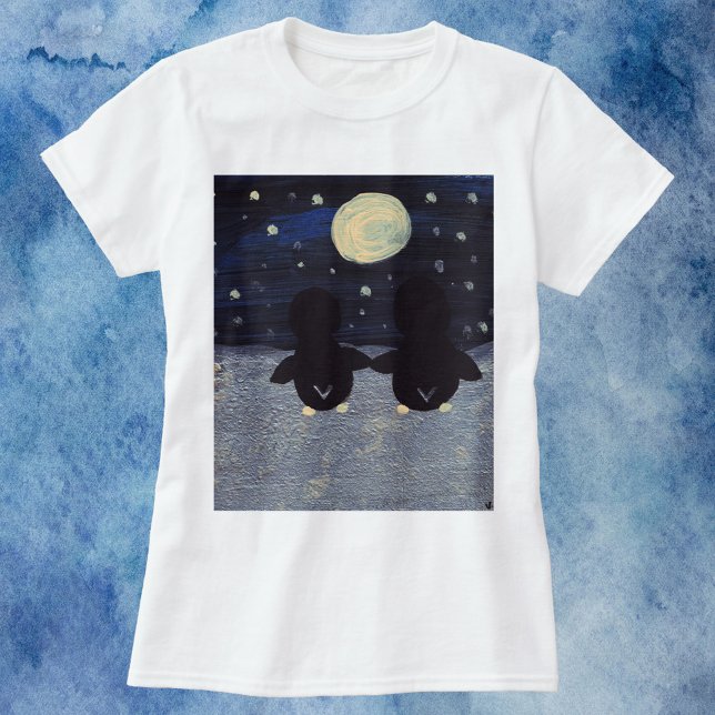 Penguins Holding Hands in the Snow By Moonlight T-Shirt (A shirt with two cute penguins holding hands on a snowy evening with a full moon.)