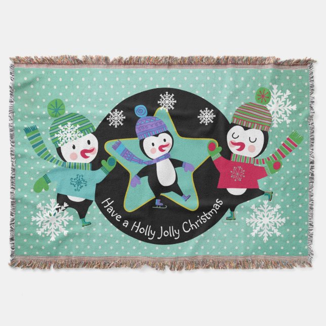 Penguins Holly Jolly Christmas Holiday Throw (Front)