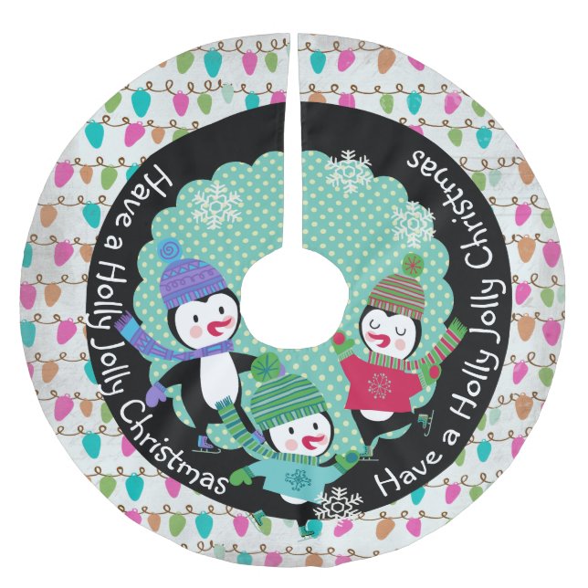 Penguins Holly Jolly Christmas Holiday Tree Skirt (Front)