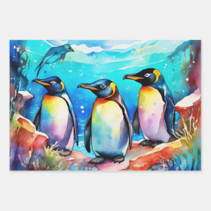 Penguins Huddling in Watercolor Snowy Landscape Wrapping Paper Sheet