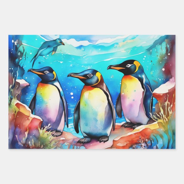 Penguins Huddling in Watercolor Snowy Landscape Wrapping Paper Sheet (Front)
