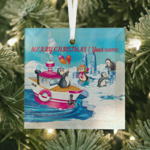 penguins in Antarctica Glass Tree Decoration