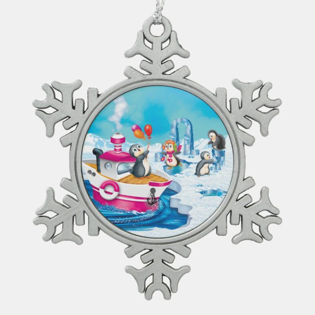 penguins in Antarctica Snowflake Pewter Christmas Ornament (Front)