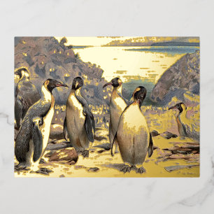 Penguins in Antarctica vintage nature illustration Foil Holiday Postcard