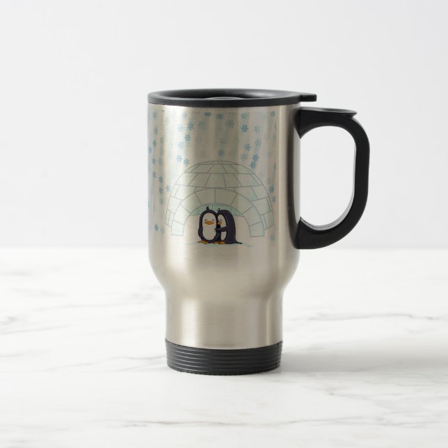 Penguins in Igloo While Snowing Travel Mug (Right)