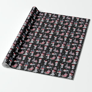 Penguins in Santa Hats Winter Scene Black Pattern  Wrapping Paper