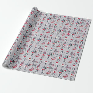Penguins in Santa Hats Winter Scene Grey Pattern  Wrapping Paper