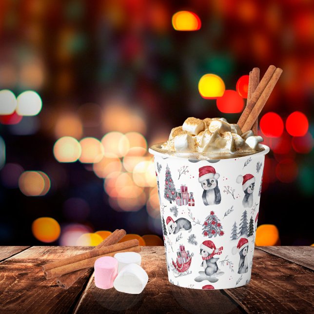 Penguins in Santa Hats Winter Scene Pattern Paper Cups (Creator Uploaded)