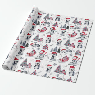Penguins in Santa Hats Winter Scene Pattern  Wrapping Paper