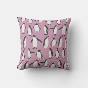 Penguins in the Snow on Purple Background Cushion