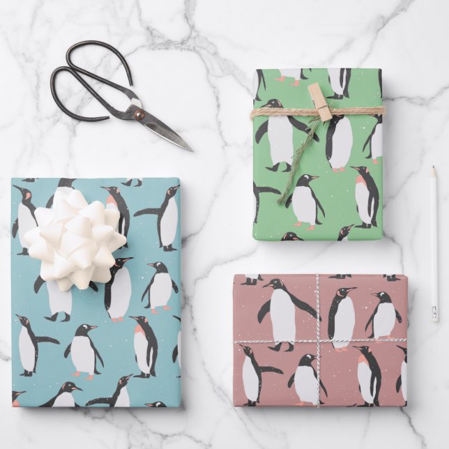 Penguins in the snow pattern wrapping paper sheet (Front)