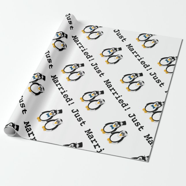 Penguins "Just Married!" Linen Wrapping Paper (Unrolled)