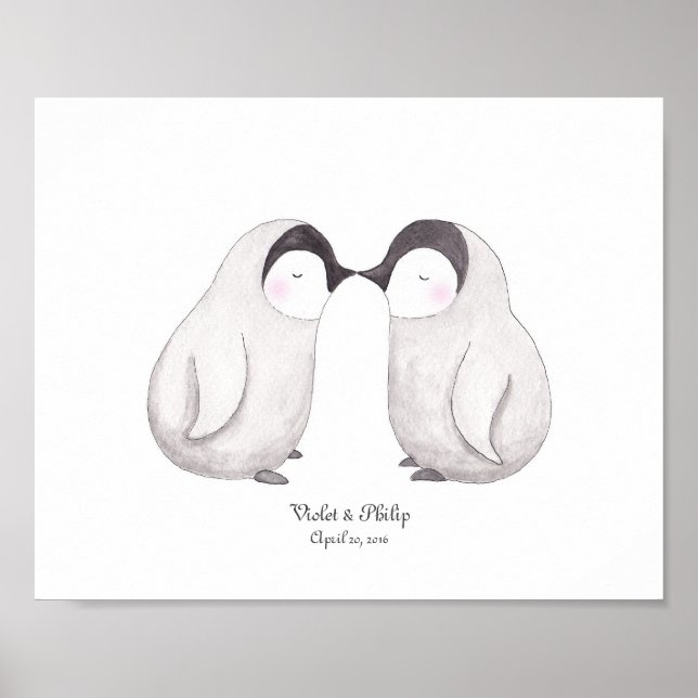 Penguins Love Poster Customisable Art Wedding Gift (Front)