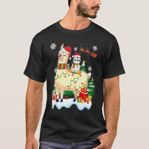 Penguins Lover Xmas Lighting Penguin Riding Llama T-Shirt