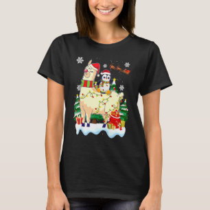 Penguins Lover Xmas Lighting Penguin Riding Llama T-Shirt