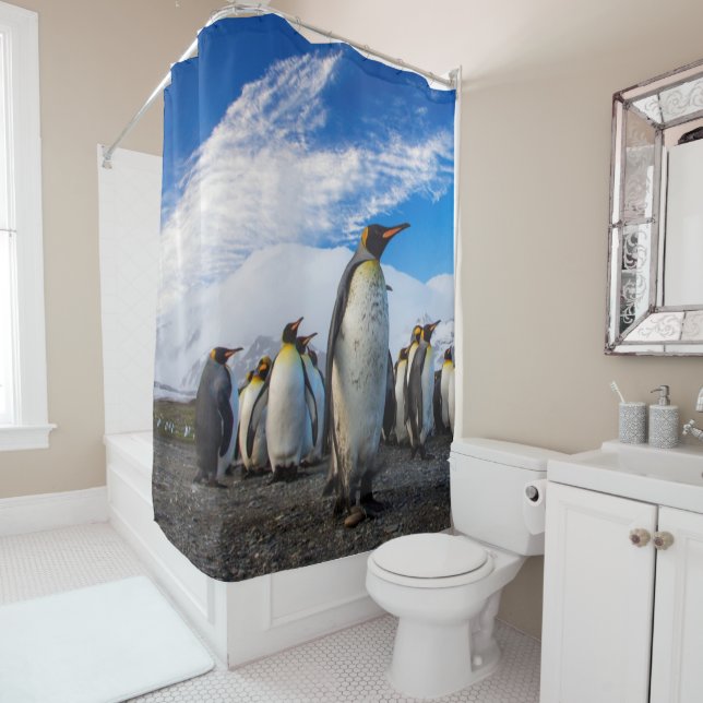 Penguins Marching Blue Sky Shower Curtain (In Situ)