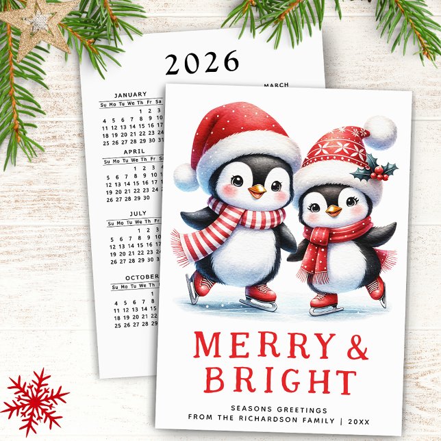 Penguins Merry Bright White Red Modern Christmas Holiday Card (Christmas Card with Cute Penguins, Merry & Bright Greetings and 2026 Calendar)