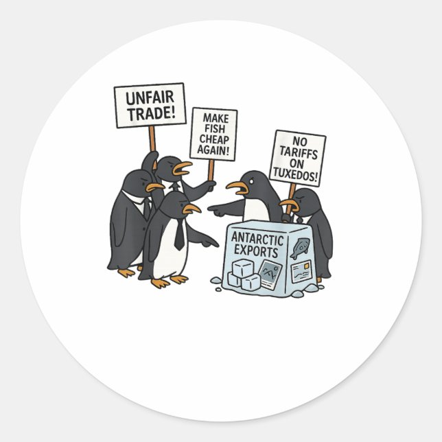 Penguins Protest Against Tariffs Funny Penguin Tar Classic Round Sticker (Front)