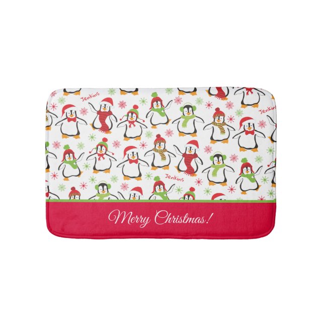 Penguins Red and Green Pattern Merry Christmas Bath Mat (Front)