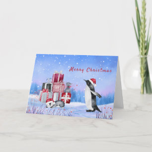 Penguins Red Packages Watercolor Christmas Holiday Card